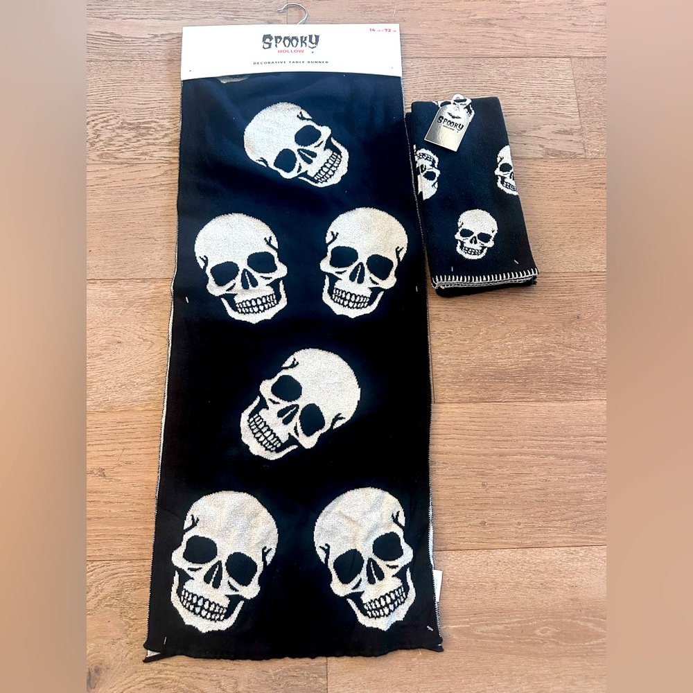 Spooky Hollow Sparkle Skull Table Runner + 2 Pack Kitchen Towel Set – 14” x 72”